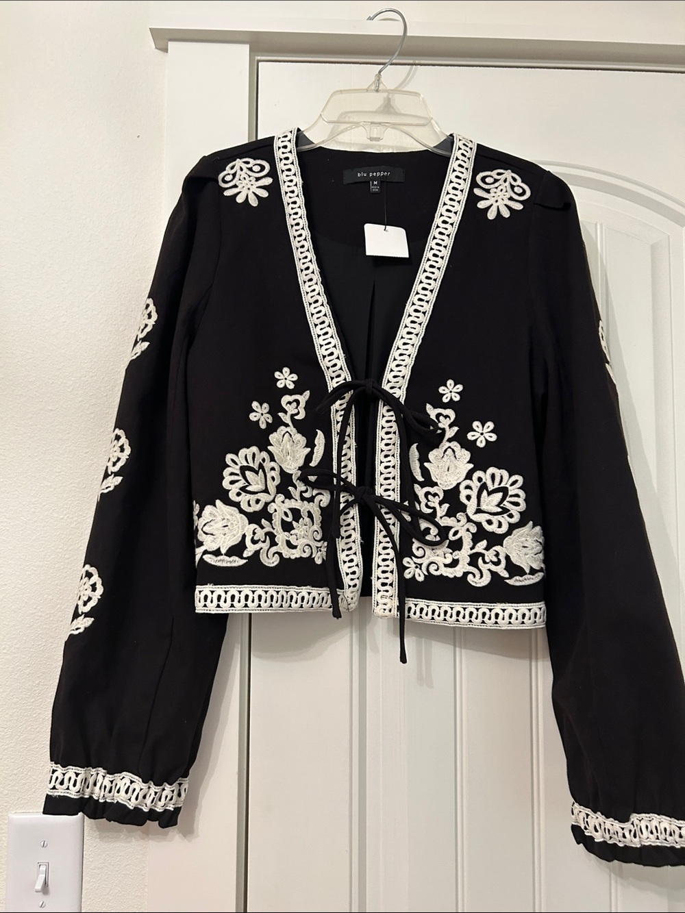 Blu Pepper Black Cropped Embroidered Tie-Front Blazer